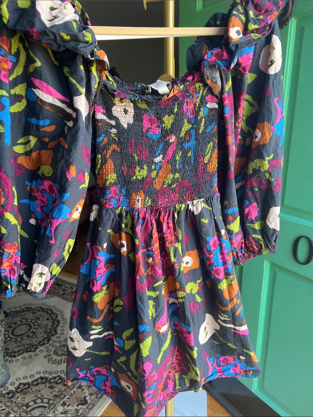 Cleobella Black Multi Floral Smocked Puff-Sleeve Mini Dress size small - Picture 2 of 9
